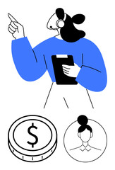 Person wearing a headset with raised finger and clipboard, alongside a coin icon and profile image. Ideal for customer support, communication, finance, business, teamwork, profiles, abstract line