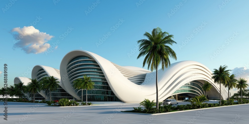 Aufkleber a modern architectural building with smooth, flowing curves, surrounded by palm trees and a clear bl
