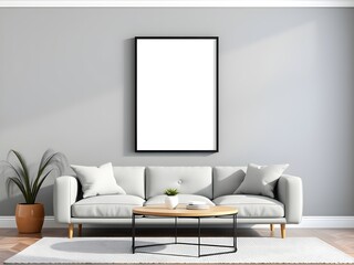Stylish modern living room with a comfortable sofa and an empty picture frame, creating a sophisticated and inviting atmosphere. Creative mock-up for artwork display