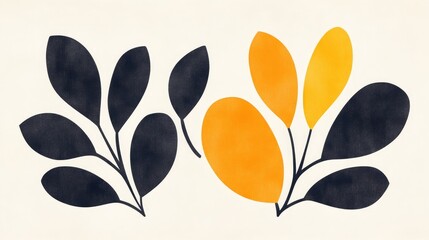 Abstract botanical illustration featuring dark and bright leaves against a neutral background