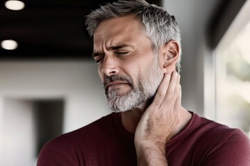 Obraz premium Neck Pain and Discomfort: A mature man with graying hair and beard experiences discomfort, holding his neck with a pained expression. The image conveys the feeling of tension and physical stress.