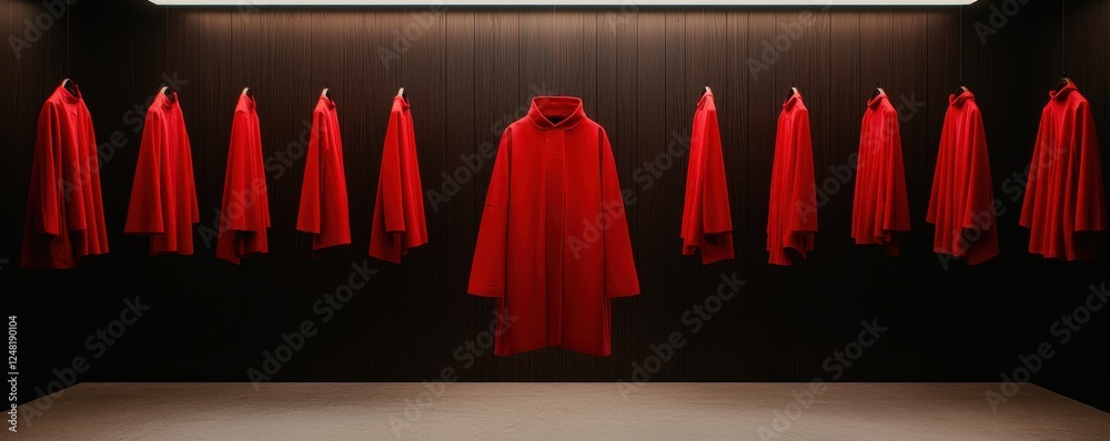 Poster a series of striking red cloaks hanging against a dark background, creating a dramatic and visually 