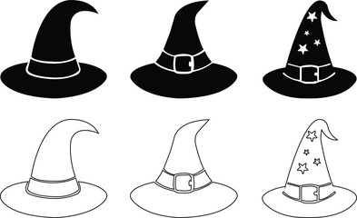 Halloween witch hat icon.Doodle icon of witch hat for Halloween and Christmas.Wizard hat isolated. Design element, accessory for Halloween celebration. Vector illustration.Halloween party costume hat.