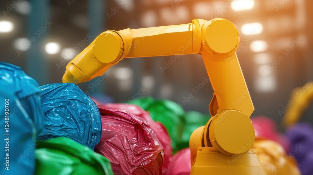 Poster a robotic arm interacts with colorful waste materials in a modern recycling facility, showcasing aut