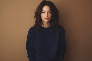 Elegant Brunette Woman in Navy Blue Sweater. Studio Portrait on Warm Background. Generative AI.