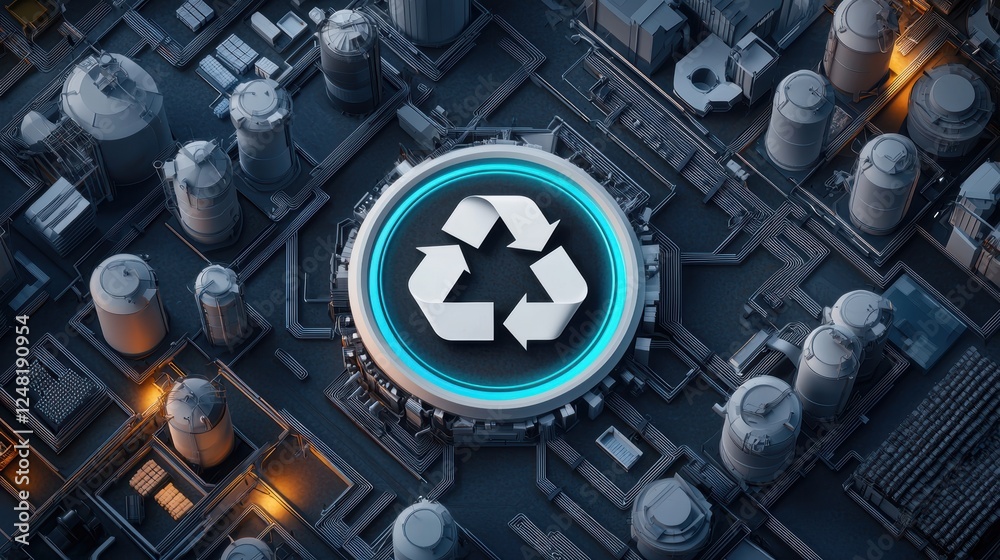 Poster a digital representation of a recycling symbol overlaid on a circuit board, highlighting the interse