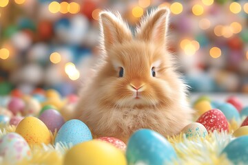 This captivating photograph presents a festive Easter scene featuring a collection of delicately painted eggs and a charming pastel-colored bunny figurine. The subjects are arranged with precision 