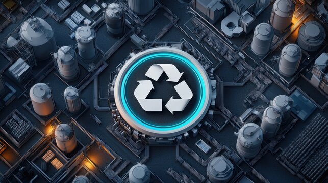 A digital representation of a recycling symbol overlaid on a circuit board, highlighting the intersection of technology and sustainability. - Powered by Adobe
