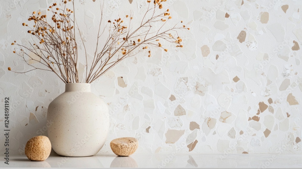 Aufkleber a beautifully arranged vase with dried branches stands against a textured white terrazzo background 