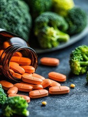 Vitamin Pills Spill from Amber Bottle Kitchen Counter Photography Close-Up Fresh Broccoli Background