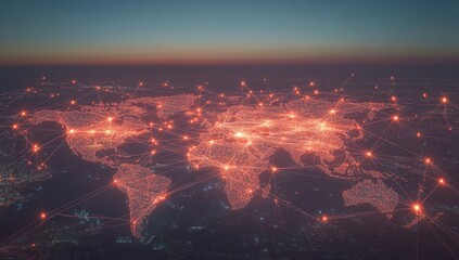 Global network connection, world map with glowing nodes and lines at sunset.