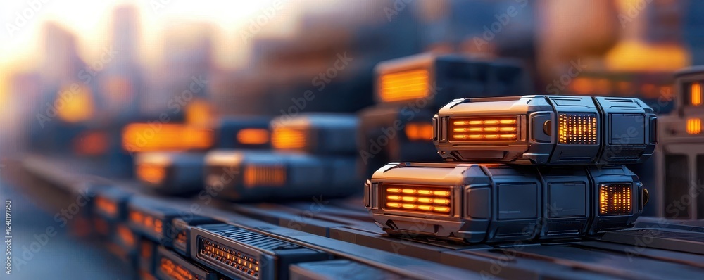 Poster a futuristic scene featuring illuminated containers stacked on a platform, creating a captivating in
