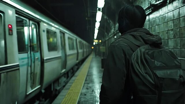 A solitary figure with a backpack stands on a dimly lit subway platform, facing an approaching train. The dark atmosphere, flickering lights, and muted colors create a cinematic and suspenseful mood