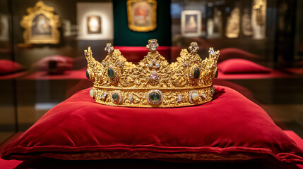 Gold royal crown for king and queen on red pillow. Vector realistic luxury golden corona with gems, medieval diadem for prince, princess or emperor on cushion isolated on transparent background