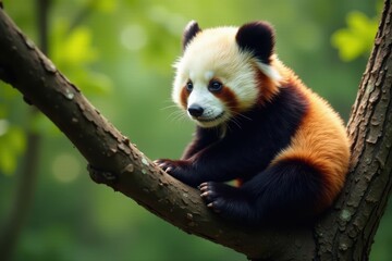 cuddly giant panda cub curled up in a tree branch, wildlife, giant panda