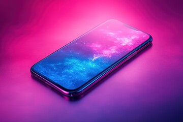 A mobile phone displays a colorful galaxy screen against a purple background creating a vibrant and futuristic aesthetic