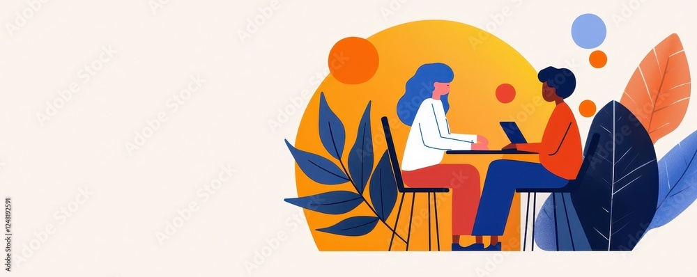 Poster Two people are engaged in a discussion at a table, surrounded by colorful abstract shapes and leaves, creating a lively and collaborative atmosphere.