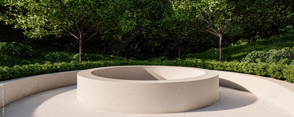 Poster a serene outdoor space featuring a circular concrete structure surrounded by lush greenery and trees