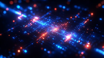 Obraz premium Abstract Digital Data Stream Network Red Blue Glowing Particles Futuristic Technology Background