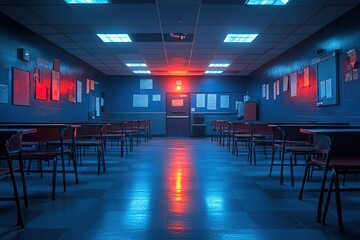 An empty dining hall or school cafeteria illuminated by blue and red lighting evokes a sense of loneliness and institutional atmosphere