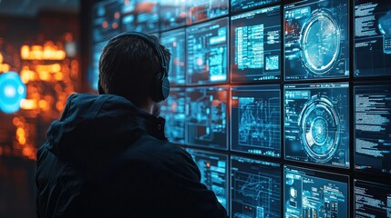 Man monitoring data on large screens in a control room