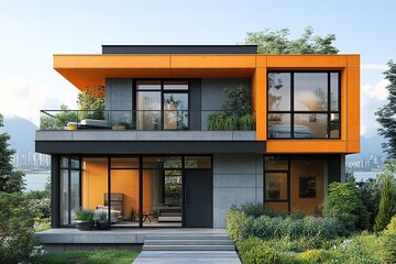 Contemporary house featuring a concrete and orange design with large windows offering scenic views set amidst lush greenery