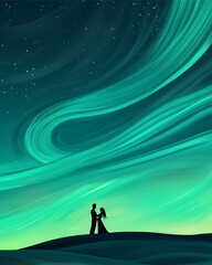 Fototapeta premium A couple stands silhouetted against a vibrant night sky filled with swirling auroras and twinkling stars, creating a romantic and enchanting atmosphere.