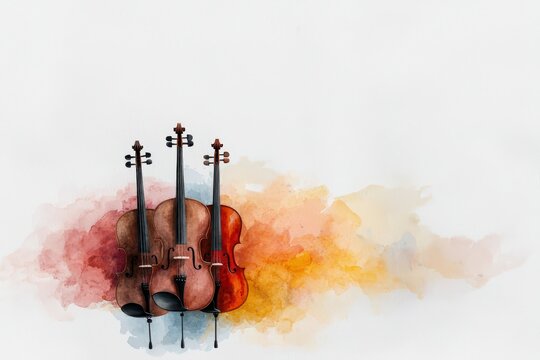 String Quartet Watercolor: A captivating watercolor painting captures the essence of a string quartet, with three violins and a cello standing in a minimalist arrangement against a soft.