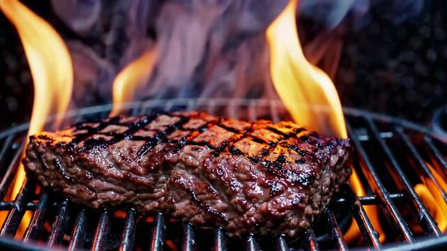 Juicy steak sears on a hot grill surrounded by vibrant flames. The backyard barbecue creates an inviting atmosphere for friends and family enjoying delicious food together.