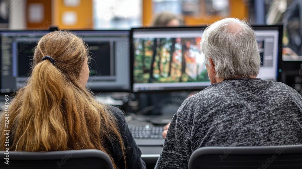Poster two people sit closely at a computer desk, focusing on a large monitor showcasing colorful design wo