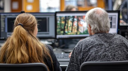 Two people sit closely at a computer desk, focusing on a large monitor showcasing colorful design work. Their collaborative effort highlights teamwork in a creative environment