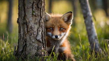 Fototapeta premium Baby Fox Peeking from Behind a Tree