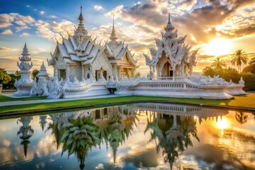 Stunning architectural photography showcases Wat Rong Khun, the iconic white temple of Chiang Rai, Thailand.