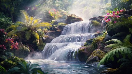 Serene waterfall cascading through lush tropical jungle; tranquil oasis; nature background