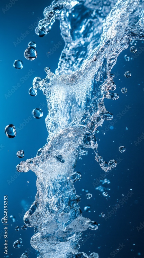 Poster flowing water gracefully ascends, creating mesmerizing shapes and bubbles against a vivid blue backd