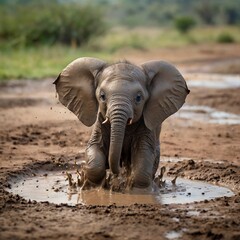 Baby Elephant Playing in a Mud Puddle