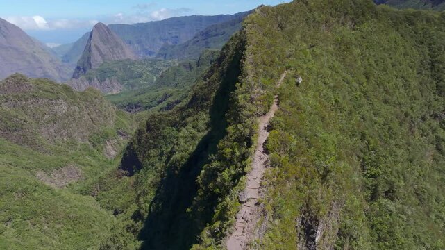 France - Reunion Island - Mafate - Scout Path, top to bottom view on 2 fesses Area