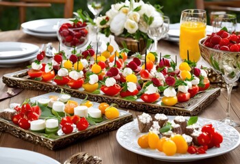Obraz premium vibrant colorful appetizer arrangement displayed elegantly tasteful table setting beautiful details, food, dish, platter, gourmet, decoration, presentation