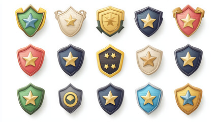 Game ranking badges with shields with star. Level achievement icons with wooden, metal, bronze, silver and gold award medals isolated on background, vector cartoon illustration