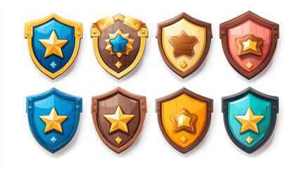 Obraz premium Game ranking badges with shields with star. Level achievement icons with wooden, metal, bronze, silver and gold award medals isolated on background, vector cartoon illustration