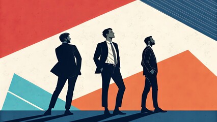 Three men are standing in front of a colorful background