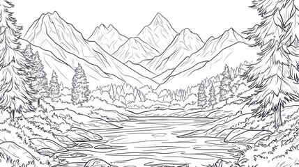 Mountain river landscape, tranquil scene, coloring page