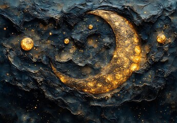 Obraz premium Textured Night Sky with Golden Crescent Moon and Stars Amidst Dark Swirling Clouds