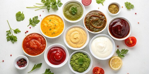 Variety of sauces in bowls top view assortment of condiments for dipping and flavoring food culinary ingredients on white background