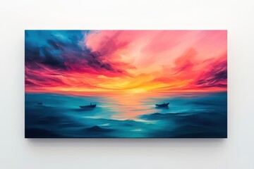 Obraz premium Vivid sunset over tranquil waters with fishing boats silhouetted against a colorful horizon