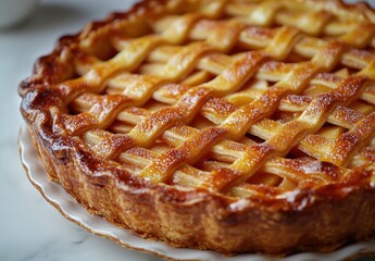 Delicious homemade apple pie with a golden lattice crust sprinkled with sugar, perfect for dessert enthusiasts and holiday gatherings