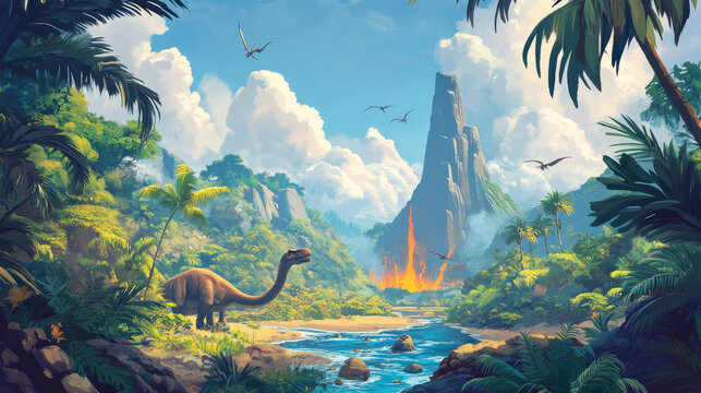 Dinosaur virtual park banners. VR technologies, augmented reality with ancient reptiles. Vector set of website templates with cartoon landscape of jurassic era with dino characters and volcano