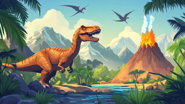 Dinosaur virtual park banners. VR technologies, augmented reality with ancient reptiles. Vector set of website templates with cartoon landscape of jurassic era with dino characters and volcano