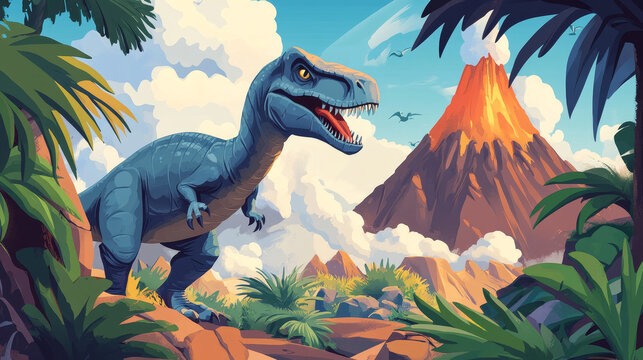 Dinosaur virtual park banners. VR technologies, augmented reality with ancient reptiles. Vector set of website templates with cartoon landscape of jurassic era with dino characters and volcano