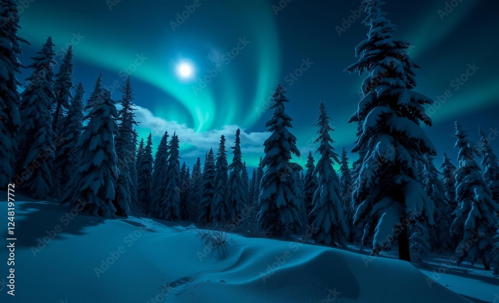 Wall mural moonlit snowy forest with northern lights 4k 4k wallpaper background abstract wallpaper modern desig